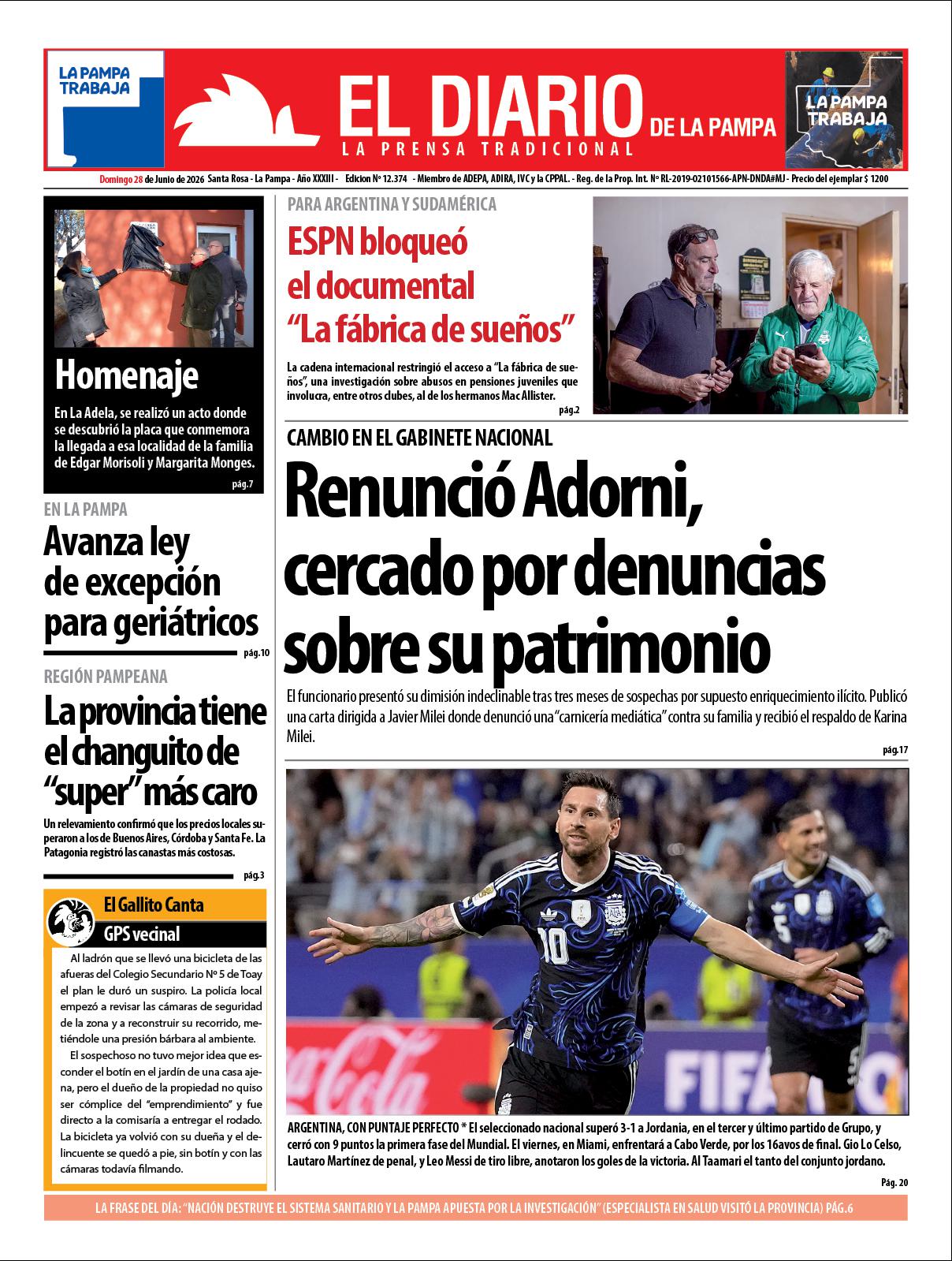 Tapa de El Diario en papel  domingo 28 de junio de 2026